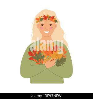 Blonde woman with autumn leaf wreath holding a bouquet of colorful fall foliage vector illustration Stock Vector