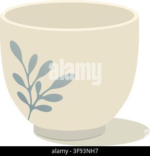 Minimal ceramic tea cup illustration featuring a soft cream body and a delicate blue leafy branch decoration Stock Vector