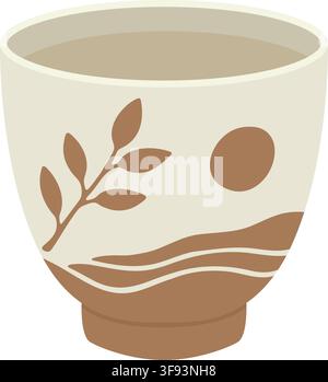 Decorative ceramic tea cup illustration featuring a brown leafy branch circular sun Stock Vector