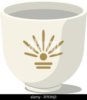 Decorative ceramic tea cup illustration featuring a cream body small pedestal base and a golden radiating light. Stock Vector