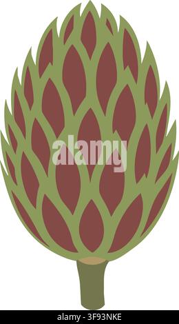 Stylized artichoke illustration featuring a tapered green bud covered with layered burgundy pointed bracts Stock Vector