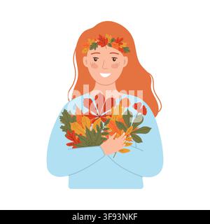 Red-haired woman with autumn leaf wreath holding a bouquet of colorful fall foliage vector Stock Vector