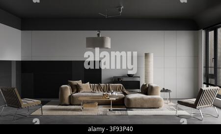Luxury modern living room with elegant beige sectional sofa, designer furniture, sculptural lighting and dark wall accents in a sophisticated contempo Stock Photo