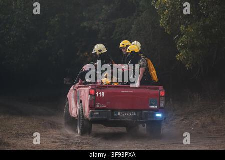 Firefighters responding to a forest fire in Serbia Stock Photo