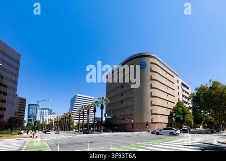 SAN JOSE, USA - JUNE 16 2026: The AT&T building at the corner of West San Fernando Street and North Almaden Boulevard in downtown San Jose. This large Stock Photo