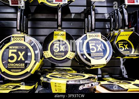 London UK, August 14 2026, Close-Up Of A Waitrose Display Of DOJO Scoville Never Stick Frying Pans And Saucepans Stock Photo