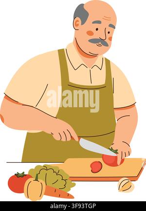Elderly man with mustache in apron slicing tomato on wooden board, preparing healthy vegetable meal Stock Vector