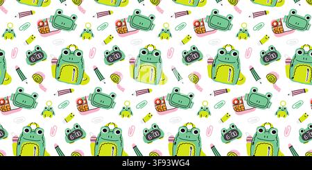 Cute frog backpack and school supplies seamless vector pattern design Stock Vector