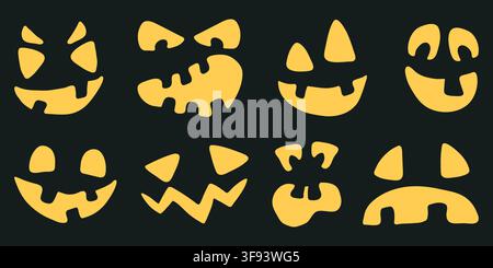 Spooky glowing Jack o Lantern faces vector set for dark halloween posters Stock Vector