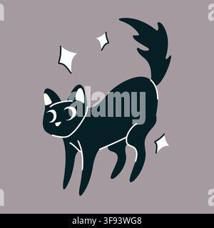 Trendy black cat silhouette doodle vector for halloween postcard design Stock Vector