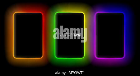 Three glowing neon rectangular frames with rounded corners. Vibrant light borders on a dark background. Modern empty colorful illuminated design element. Vector illustration. Stock Vector