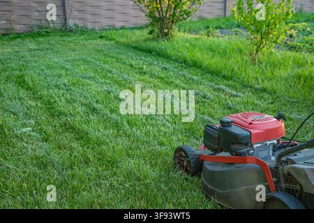 asoline lawn mower standing on freshly cut grass in sunny garden Stock Photo