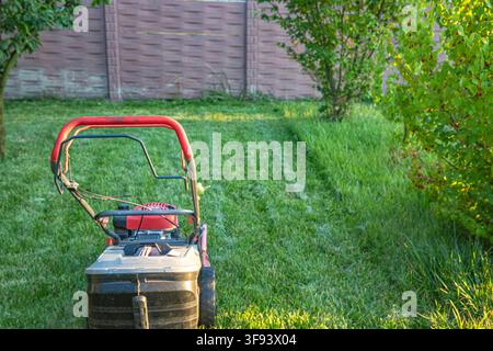 asoline lawn mower standing on freshly cut grass in sunny garden Stock Photo