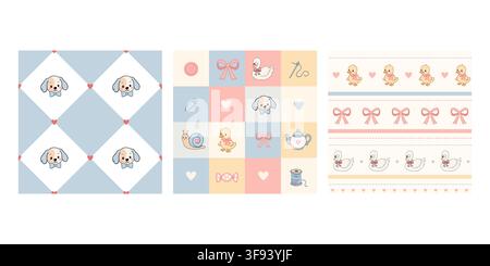 Cute pastel cartoon baby pattern set combines animals patchwork stripes hearts puppies ducklings swans bows sewing elements and geometric diamond shap Stock Vector