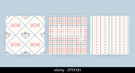 Cute hand drawn pastel baby seamless pattern set features plaid stripes candy teapots hearts and delicate botanical lattice in blue and pink colors Stock Vector