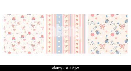 Cute hand drawn pastel sewing seamless pattern set features bows roses hearts buttons needles thread spools pins stripes and colorful dots Stock Vector