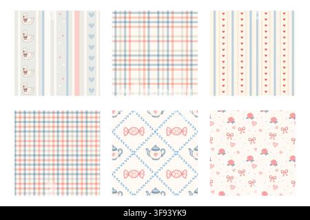 Pastel hand drawn seamless baby pattern set combines plaid roses bows swans candy teapots hearts stripes and delicate botanical lattice in soft blue a Stock Vector