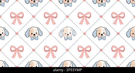 Cute puppy and bow create a seamless diamond pattern with heart details in blue and pink cartoon style for baby fabric wallpaper wrapping paper and nu Stock Vector