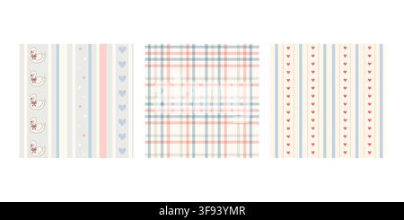 Hand drawn pastel baby pattern set includes three seamless designs with swans plaid hearts and stripes in soft blue pink and neutral colors Stock Vector
