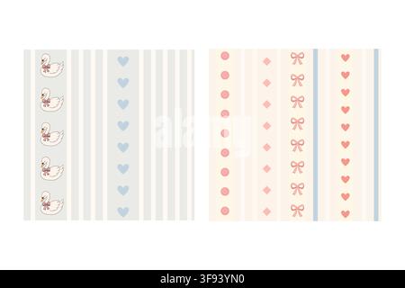 Minimal pastel cartoon stripe pattern set features swans bows hearts and buttons arranged in soft blue pink cream and neutral vertical lines Stock Vector
