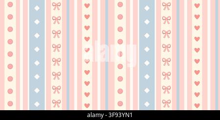 Cute pastel seamless stripe pattern features bows hearts buttons and blue diamonds arranged in vertical pink cream and blue lines Stock Vector