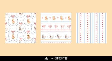 Sweet hand drawn pastel pattern set presents ducklings swans bows and hearts in seamless circular and striped designs with soft blue and pink colors Stock Vector