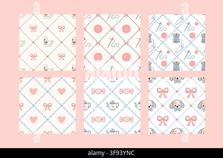 Hand drawn pastel diamond pattern set combines sewing animals bows and hearts with swans puppies buttons needles thread candy teapots and botanical la Stock Vector