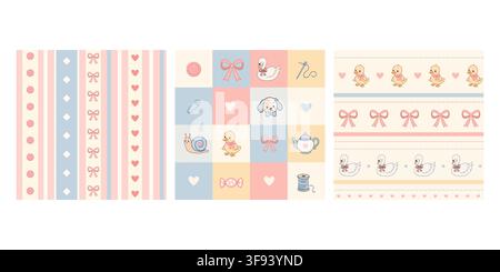 Retro pastel cartoon pattern set features cute animals sewing bows and stripes with ducklings swans puppy snail buttons hearts thread and patchwork sq Stock Vector
