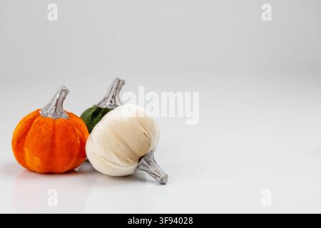 A horizontal close-up shot of three small ornamental pumpkins in white, orange, and dark green, arranged in a tight cluster. The focus is on the soft Stock Photo