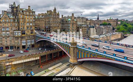 Aerial view of  renovated North Bridge crossing Waverley railway station with skyline of the Old Town to rear, Edinburgh, Scotland, UK Stock Photo
