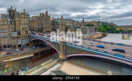 Aerial view of  renovated North Bridge crossing Waverley railway station with skyline of the Old Town to rear, Edinburgh, Scotland, UK Stock Photo