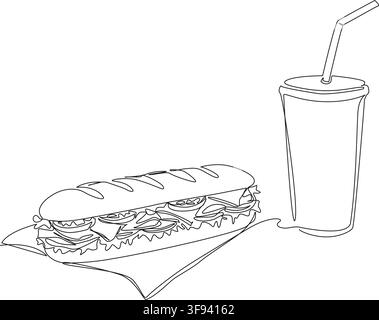 continuous line drawing of long sandwich sub on paper napkin and soft drink in disposable cup with straw, fast food line art vector illustration Stock Vector