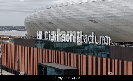 Liverpool, United Kingdom - 16 May 2026: Aerial view of Hill Dickinson Stadium with its modern metallic facade and brick base, situated along the wate Stock Photo