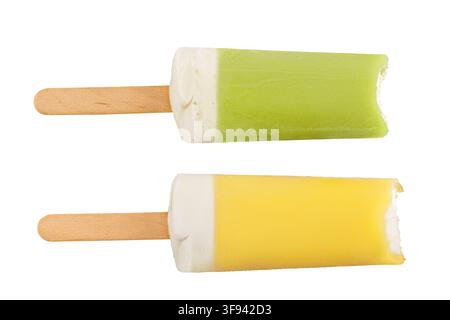 Ice cream on a stick with a bite mark isolated on a white background. Ice cream or fruit ice isolated on a white background. Stock Photo