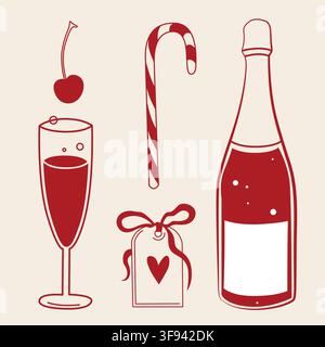 Hand-drawn Christmas party clip art, champagne bottle and glass, candy cane and gift tag for seasonal decor, packaging, cards Stock Vector