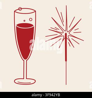 Hand-drawn New Year party clip art, champagne glass and sparkler in line art style for seasonal decor, packaging, cards Stock Vector