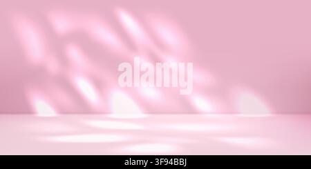 Pink backdrop for product display, peach studio table with sun spots on wall. Empty podium limbo, abstract light room and spring solid. Window gobo of Stock Vector