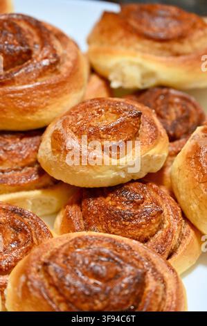 Commercial close-up photograph of a delicious, appetizing pile of freshly baked golden-brown cinnamon rolls stacked together, showing their rich spiral textures and crispy crusts. Stock Photo