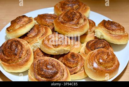 Commercial close-up photograph of an abundant plate of delicious, freshly baked golden-brown cinnamon rolls, showcasing their appealing spiral textures and appetizing crusts on a white plate.  Stock Photo