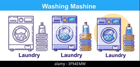 Washing machine, laundry washer appliance with clothes stack. Electric cleaning clothing household equipment with folded towels in bathroom icon set Stock Vector