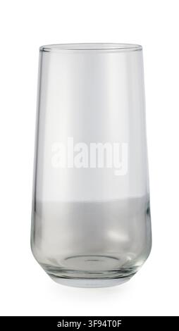 A studio photograph of a clean, empty tall drinking glass with a rounded base, featuring clear reflections against a solid white background. Stock Photo