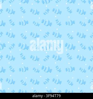 Cute seamless pattern of pastel sky blue background with dark blue wrapped candies and white dots. Minimalist tone on tone repeating background in kaw Stock Vector