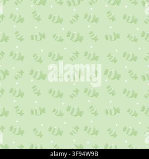Cute seamless pattern of pastel lime green background with dark green wrapped candies and white dots. Minimalist tone on tone repeating background in Stock Vector
