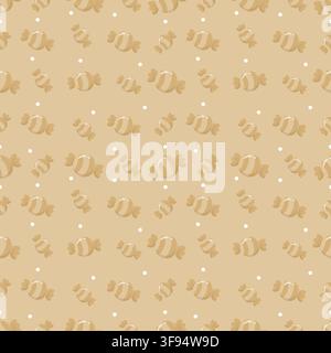 Cute seamless pattern of pastel brown background with dark brown wrapped candies and white dots. Minimalist tone on tone repeating background in kawai Stock Vector