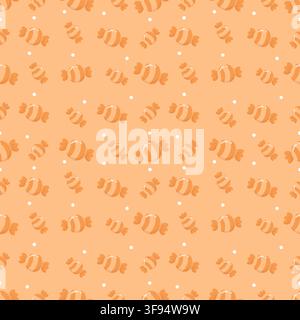 Cute seamless pattern of pastel orange background with dark orange wrapped candies and white dots. Minimalist tone on tone repeating background in kaw Stock Vector