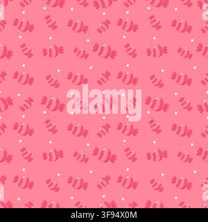 Cute seamless pattern of pastel red background with dark red wrapped candies and white dots. Minimalist tone on tone repeating background in kawaii st Stock Vector