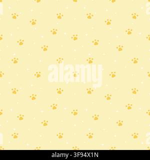 Cute yellow seamless pattern featuring adorable dog paw prints, stars and dots on a soft pastel yellow background, perfect for pet products, fabric, w Stock Vector