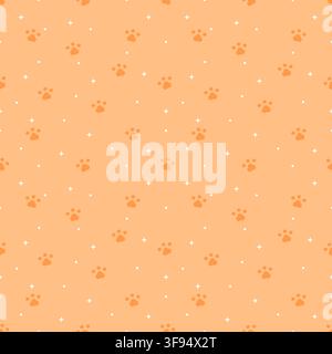 Cute orange seamless pattern featuring adorable dog paw prints, stars and dots on a soft pastel orange background, perfect for pet products, fabric, w Stock Vector