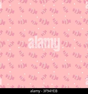Cute seamless pattern of pastel pink background with dark pink wrapped candies and white dots. Minimalist tone on tone repeating background in kawaii Stock Vector