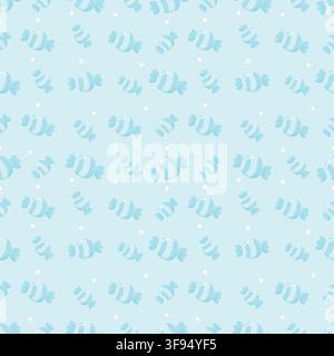 Cute seamless pattern of pastel light blue background with dark blue wrapped candies and white dots. Minimalist tone on tone repeating background in k Stock Vector